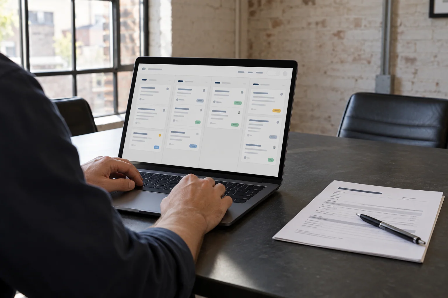Laptop mit digitaler Projektübersicht neben Angebotsunterlagen auf einem Besprechungstisch