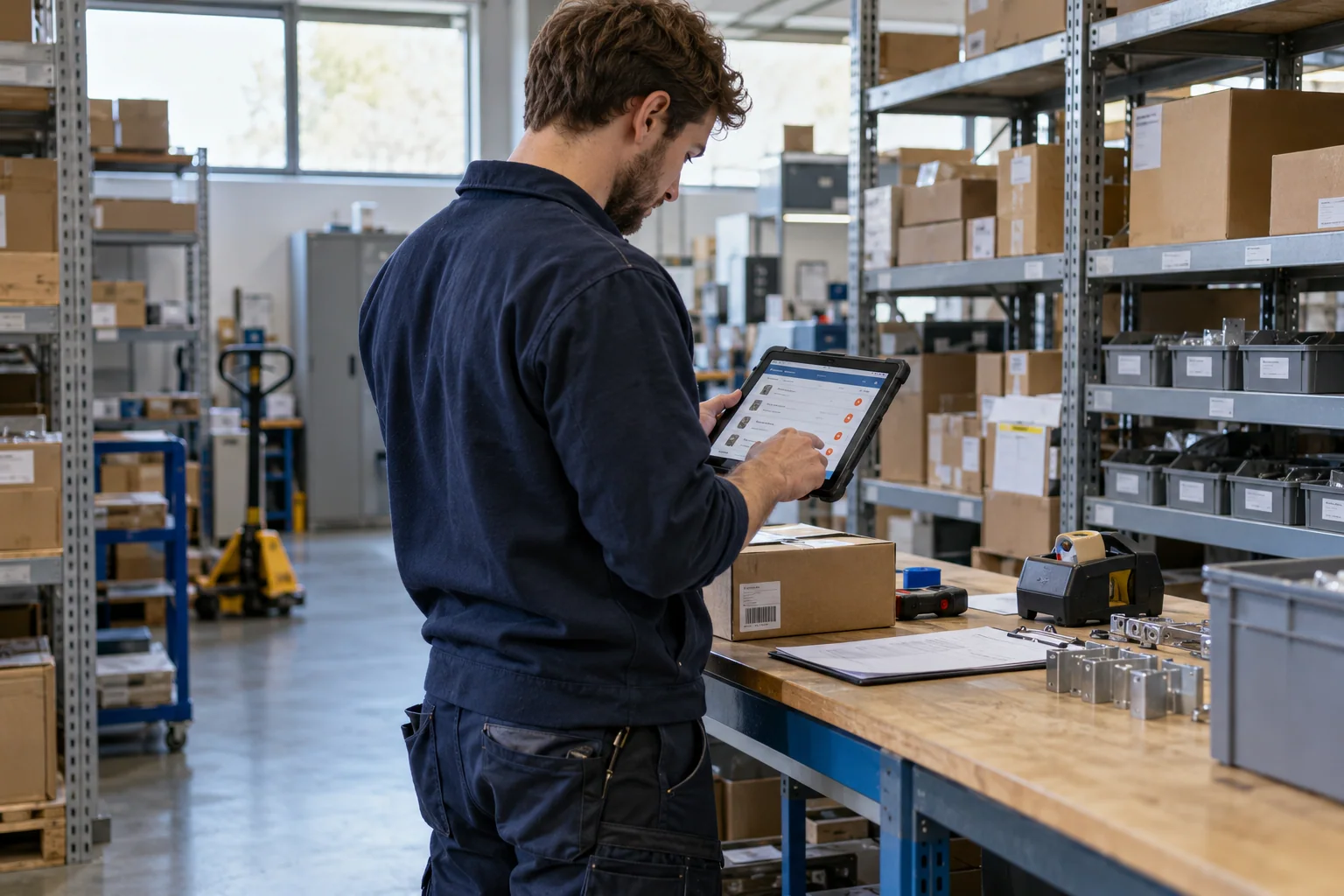 Eine Person arbeitet mit einem Tablet an einem Packtisch zwischen Lagerregalen